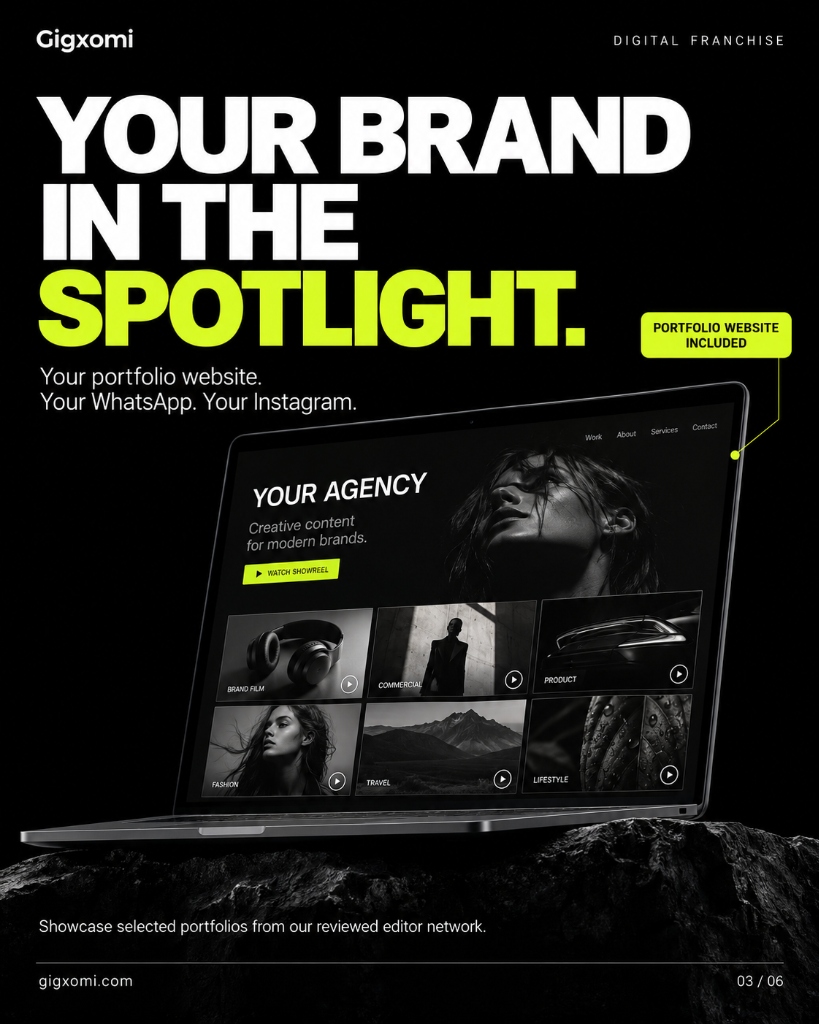 Own brand video editing agency portfolio website included in Gigxomi